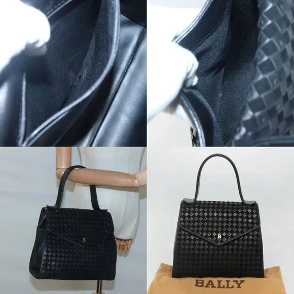 BALLY Hand Bag Leather Black Gold Auth BA1164
